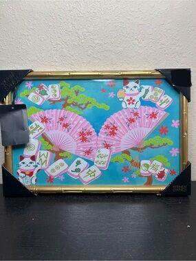 NEW Sapna Shah Lucky Cat, Mahjong, Pink Fans Framed Wall Art Decor 12”x18”L